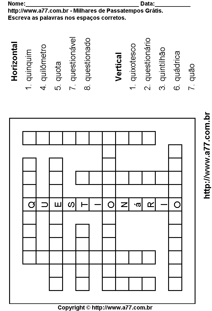 Cruzadinha Para Imprimir com Palavras Escritas Com a Letra Q