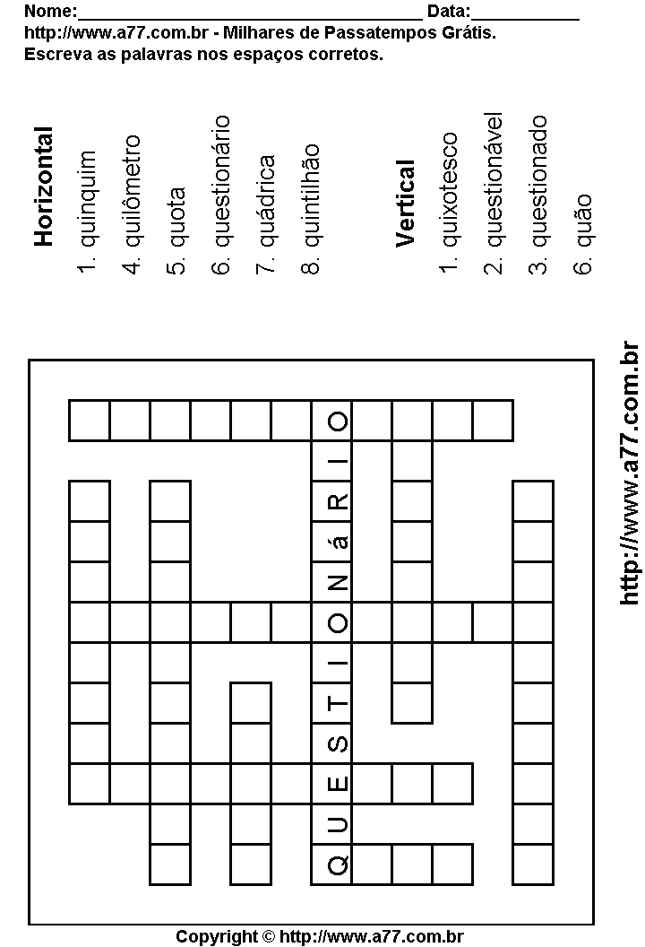 Cruzadinha Para Imprimir com Palavras Escritas Com a Letra Q