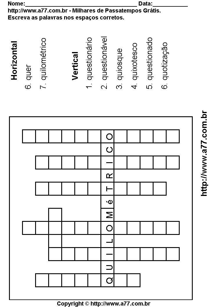Cruzadinha Para Imprimir com Palavras Escritas Com a Letra Q