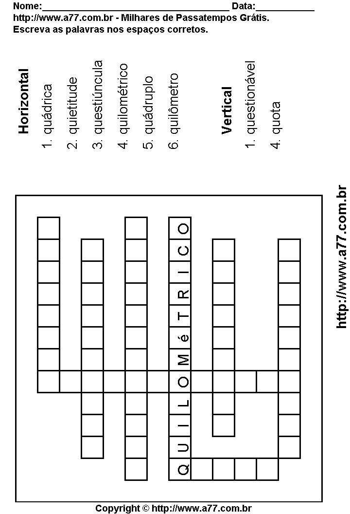 Cruzadinha Para Imprimir com Palavras Escritas Com a Letra Q