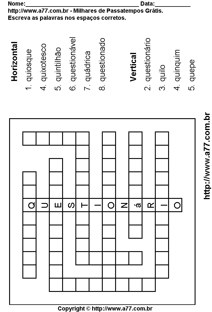 Cruzadinha Para Imprimir com Palavras Escritas Com a Letra Q
