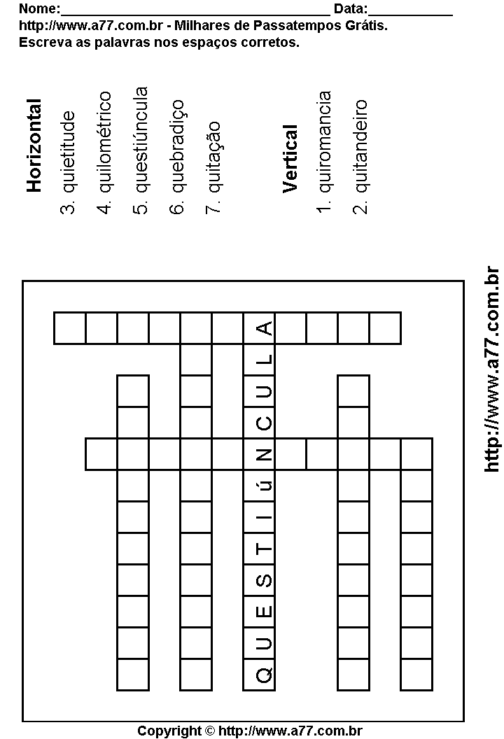Cruzadinha Para Imprimir com Palavras Escritas Com a Letra Q