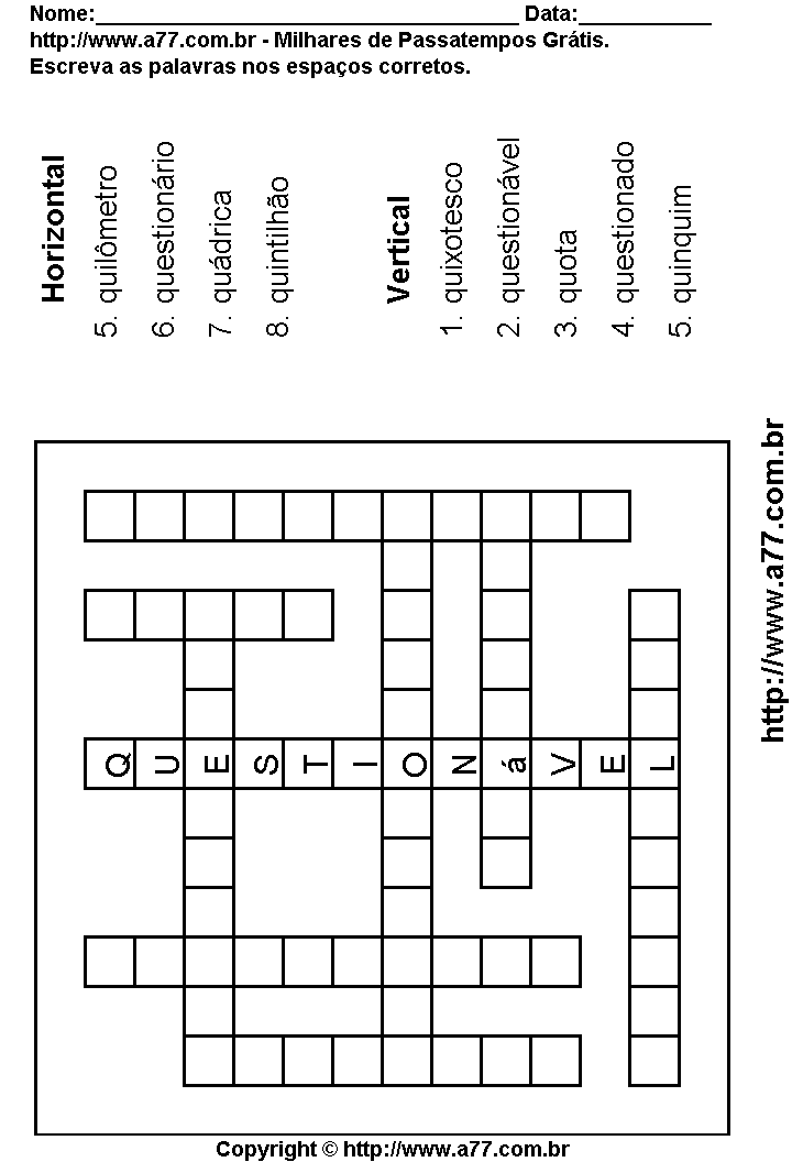 Cruzadinha Para Imprimir com Palavras Escritas Com a Letra Q