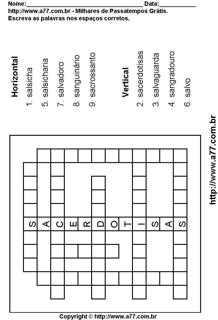 Cruzadinha Para Imprimir com Palavras Escritas Com a Letra S