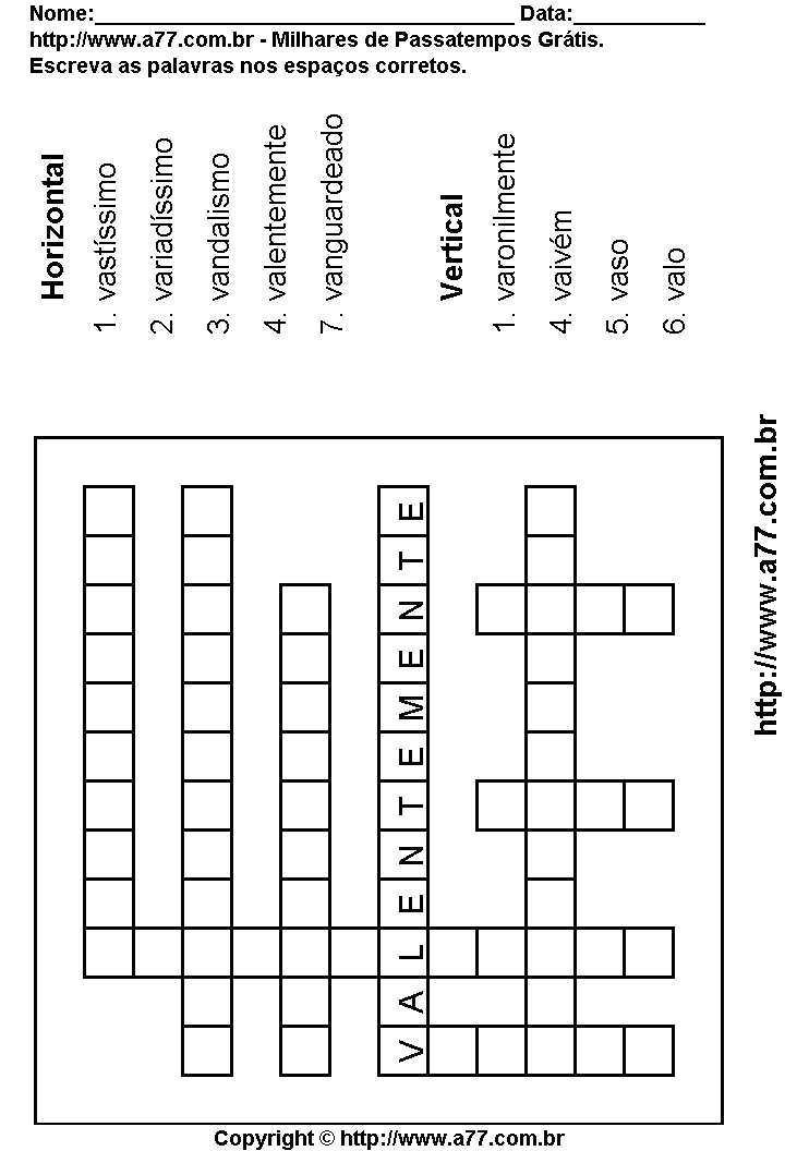 Cruzadinha Para Imprimir com Palavras Escritas Com a Letra V