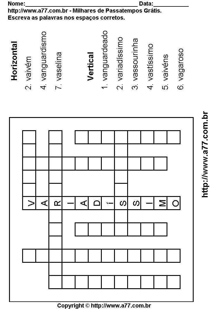 Cruzadinha Para Imprimir com Palavras Escritas Com a Letra V