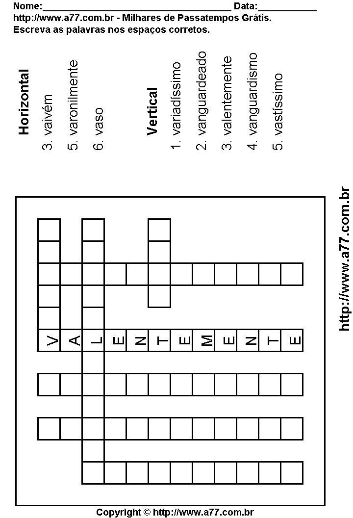 Cruzadinha Para Imprimir com Palavras Escritas Com a Letra V