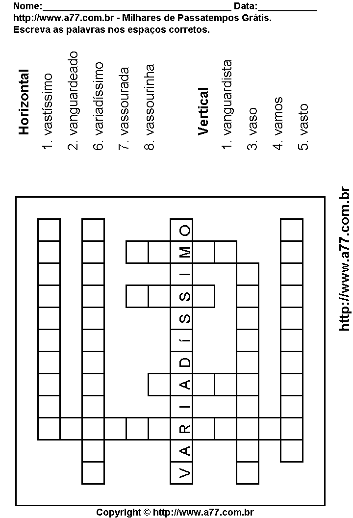 Cruzadinha Para Imprimir com Palavras Escritas Com a Letra V
