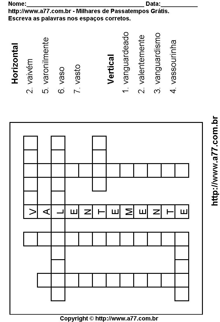 Cruzadinha Para Imprimir com Palavras Escritas Com a Letra V