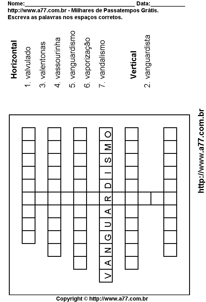 Cruzadinha Para Imprimir com Palavras Escritas Com a Letra V