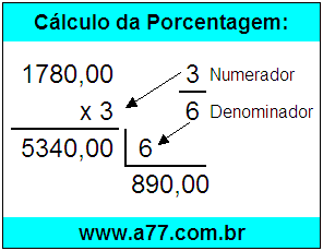 Calcular 3/6 de R$ 1780,00