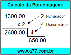 Calcular 2/4 de R$ 1300,00