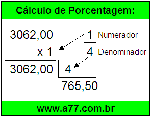 Calcular 1/4 de R$ 3062,00