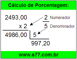 Calcular 2/5 de R$ 2493,00