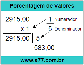 Calcular 1/5 de R$ 2915,00