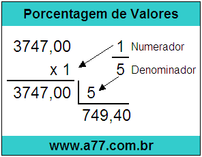 Quanto é 1/5 de R$ 3747,00