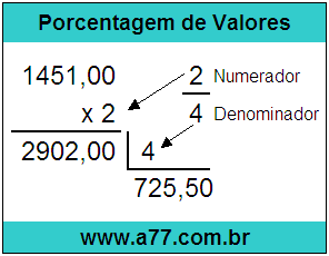 Calcular 2/4 de R$ 1451,00