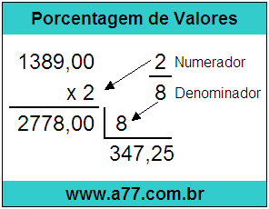 Quanto é 2/8 de R$ 1389,00