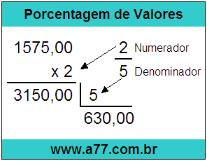 Calcular 2/5 de R$ 1575,00