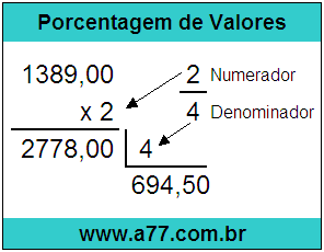 Quanto é 2/4 de R$ 1389,00