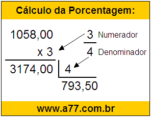 Calcular 3/4 de R$ 1058,00