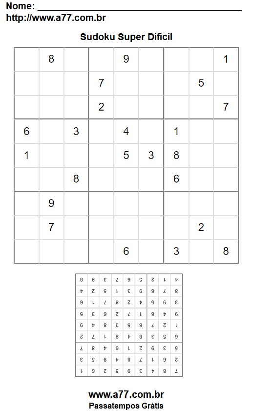 Quebra Cabeça Sudoku Super Difícil Com Gabarito