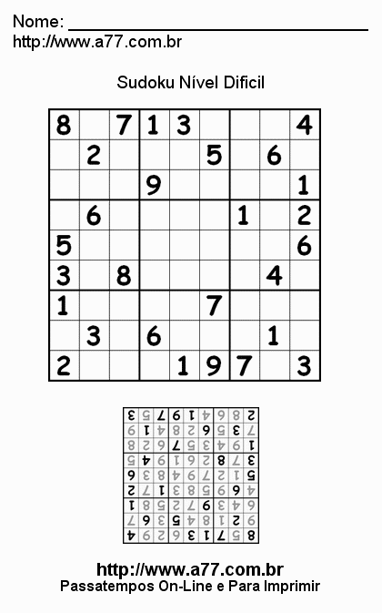 Dificil  Jogo online Sudoku com o grau de nivel deficil