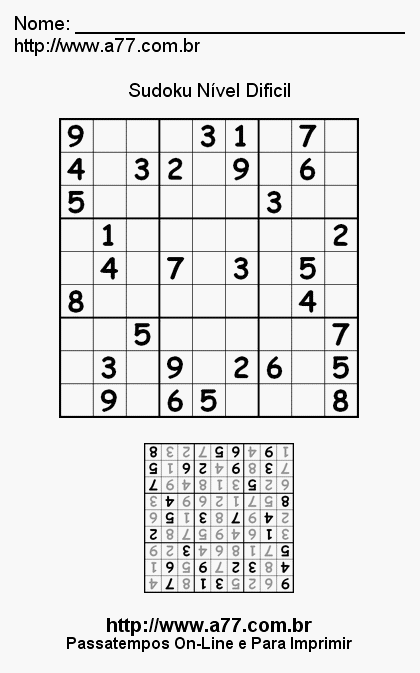 Dificil  Jogo online Sudoku com o grau de nivel deficil