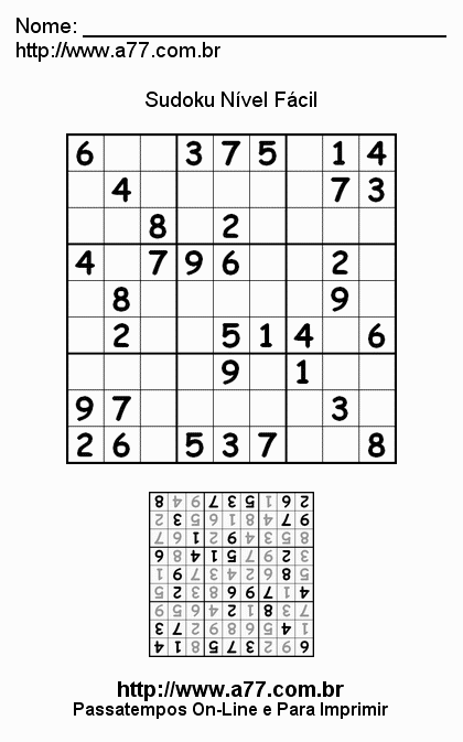 Sudoku Para Imprimir Nível Fácil.