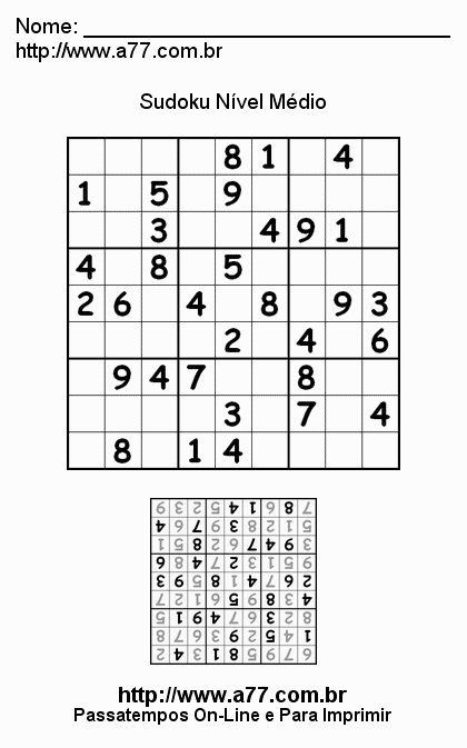 Sudoku Médio Para Imprimir.