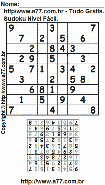 Sudoku Fácil Com Resposta Para Imprimir. Jogo Nº 9.