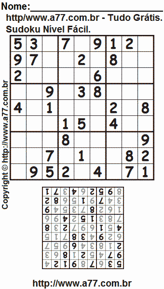 Sudoku Fácil Com Resposta Para Imprimir. Jogo Nº 9.