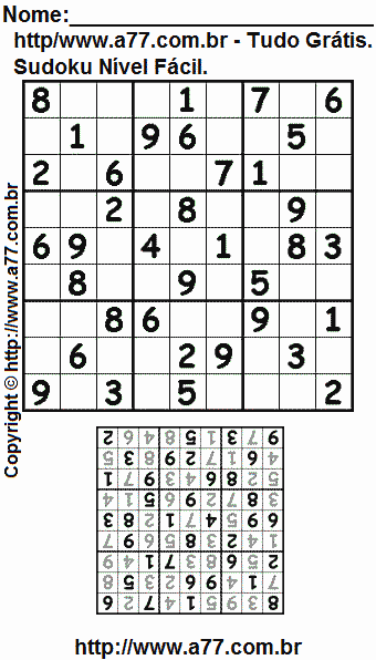 Passatempo de Lógica Matemática Sudoku Para Imprimir Com Respostas