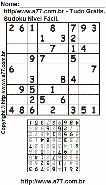 Sudoku Fácil Com Resposta Para Imprimir. Jogo Nº 9.