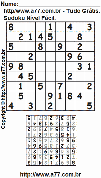 Quebra Cabeça Sudoku Fácil Para Imprimir Com Resposta. Jogo Nº 316.