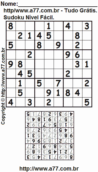 Jogo Sudoku Fácil Para Imprimir Com Resposta. Jogo Nº 131.