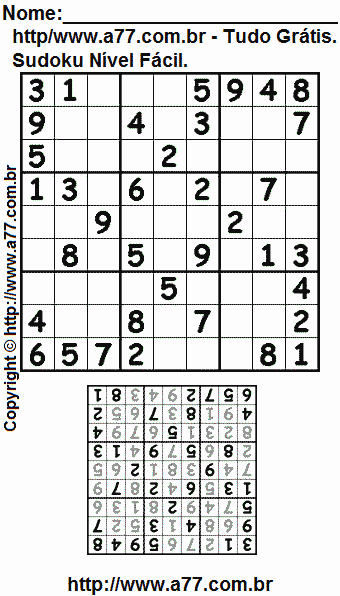 Jogo Sudoku Fácil Com Resposta Para Imprimir. Jogo Nº 258.