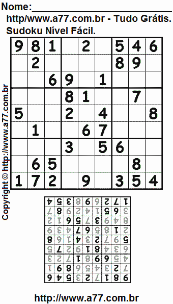 Sudoku Grátis Para Imprimir Nível Fácil