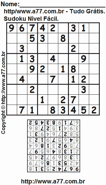Jogo Sudoku Nível Fácil Para Imprimir Com Resposta