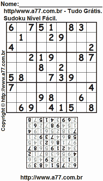 Sudoku Para Imprimir Grátis Nível Fácil